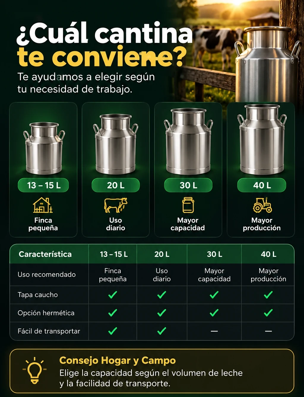 ¿Cuál cantina te conviene? Comparación de capacidades de 13 a 15, 20, 30 y 40 litros