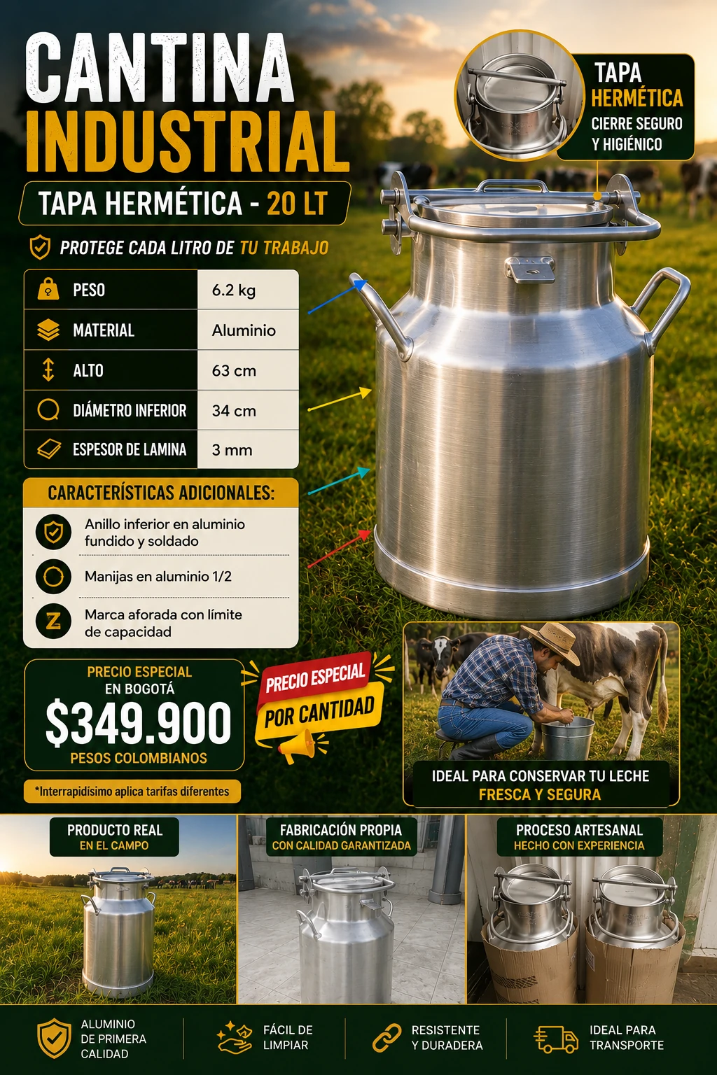 Ficha completa cantina de aluminio 20 litros tapa hermética