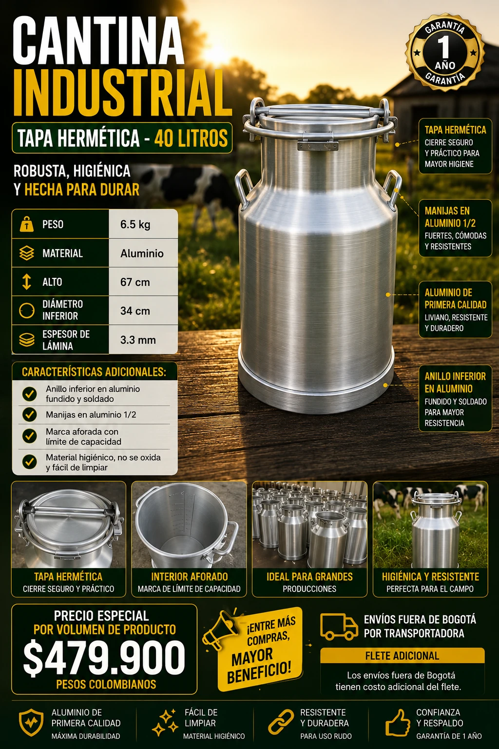 Ficha completa cantina de aluminio 40 litros tapa hermética