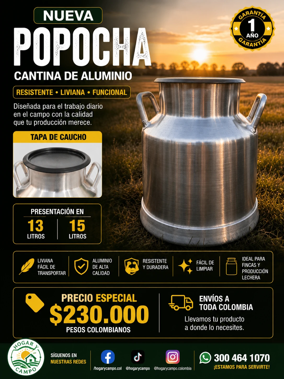 Ficha completa cantina Popocha 13 y 15 litros tapa de caucho