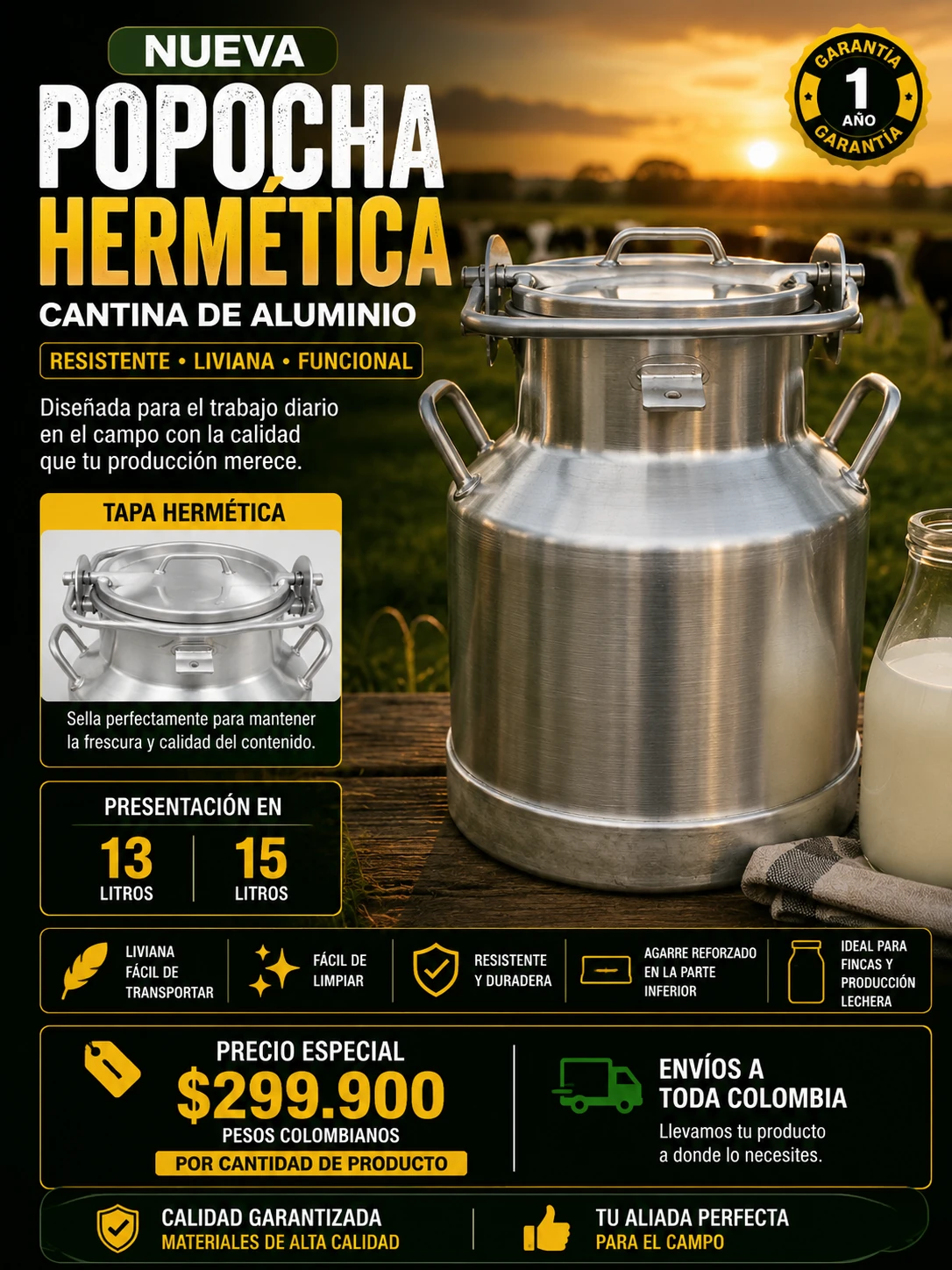Ficha completa cantina Popocha 13 y 15 litros tapa hermética
