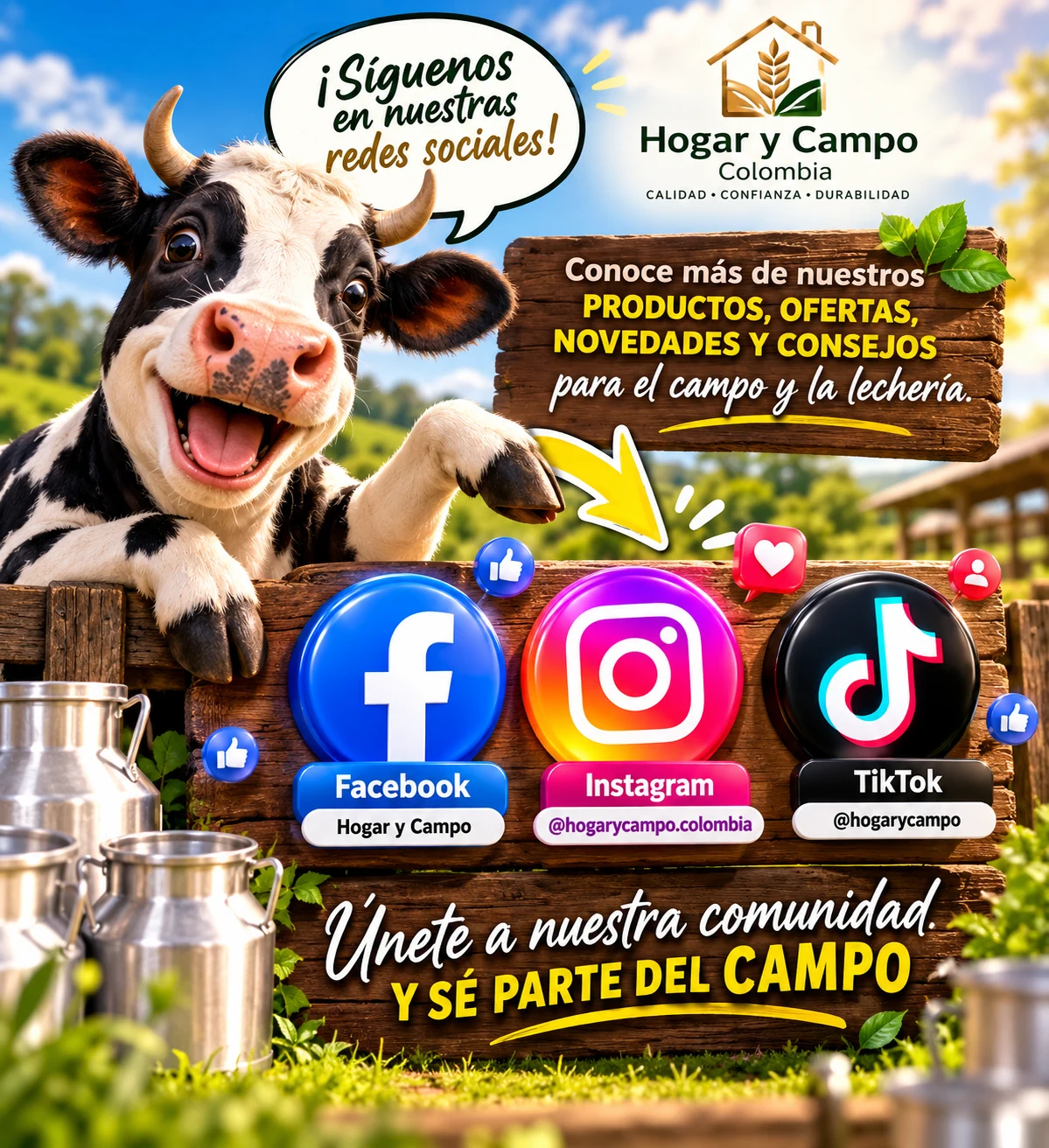 Sigue a Hogar y Campo Colombia en Facebook, Instagram y TikTok para conocer productos, ofertas, novedades y consejos para el campo y la lechería