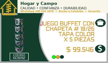 Juego buffet con chapeta # 18/26 tapa color x 5 piezas, código GCB052