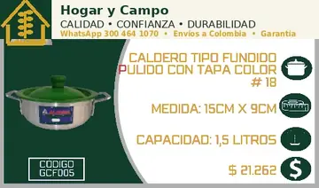 Caldero tipo fundido pulido con tapa color # 18, código GCF005