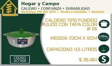 Caldero tipo fundido pulido con tapa color # 26, código GCF008
