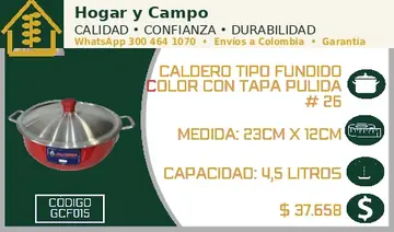 Caldero tipo fundido color con tapa pulida # 26, código GCF015