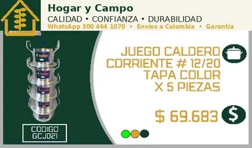 Juego caldero corriente # 12/20 tapa color x 5 piezas, código GCJ021