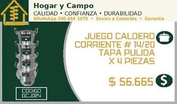 Juego caldero corriente # 14/20 tapa pulida x 4 piezas, código GCJ024
