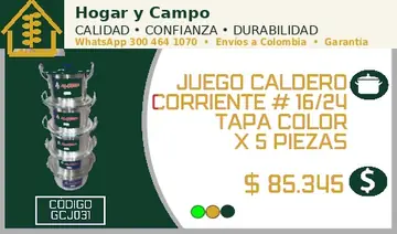 Juego caldero corriente # 16/24 tapa color x 5 piezas, código GCJ031