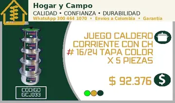 Juego caldero corriente con CH # 16/24 tapa color x 5 piezas, código GCJ033