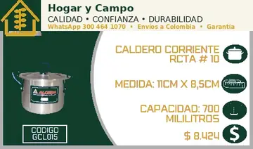 Caldero corriente rcta # 10, código GCL015