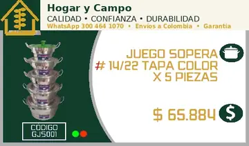 Juego sopera # 14/22 tapa color x 5 piezas, código GJS001